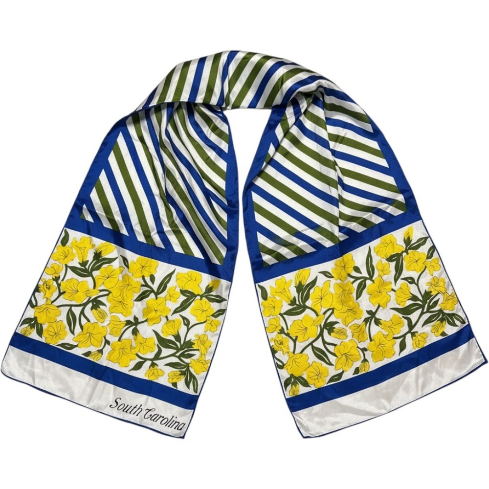 Vintage South Carolina Souvenir Scarf Floral Stripe Blue Green Yellow Silk Feel
